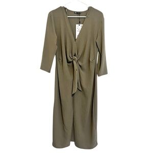 ZARA - Green Tie Front Sheath Dress V-neck 3/4 Sleeve NWT